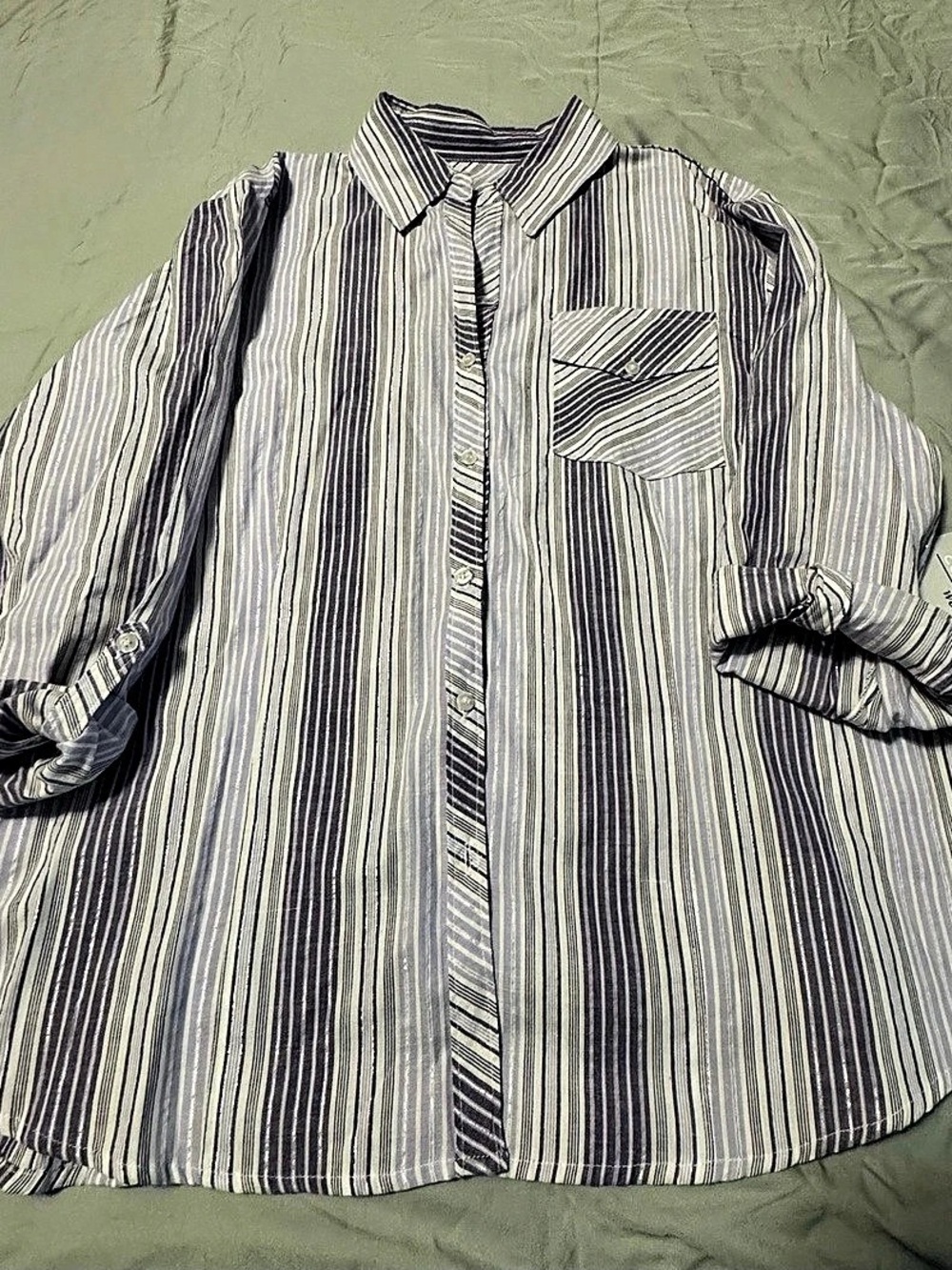 Company One Woman 1X Gray Lavender Striped Metallic Cotton Shirt NWT